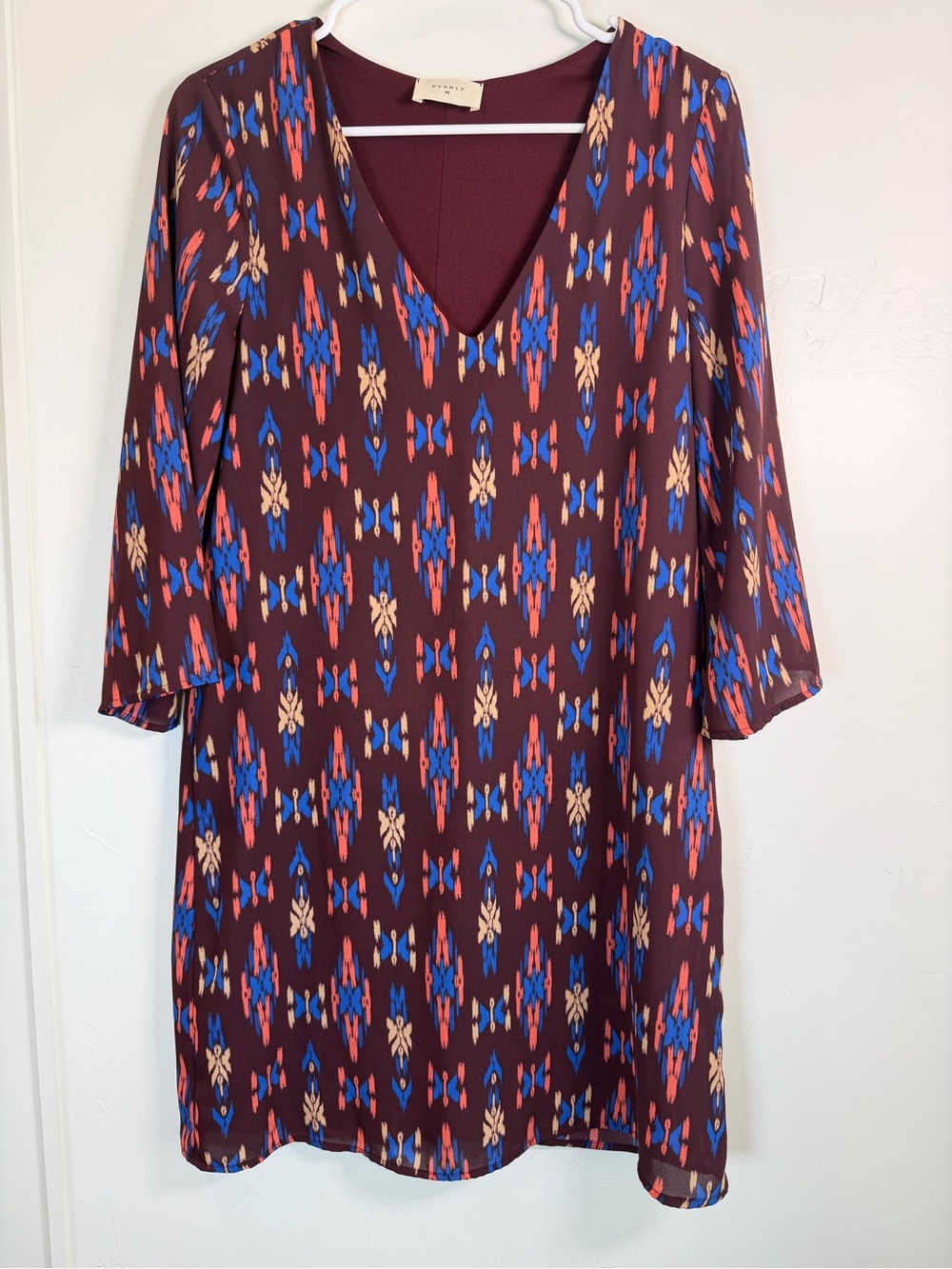 Everly Burgundy Ikat Print Tunic Dress Boho Shift Medium